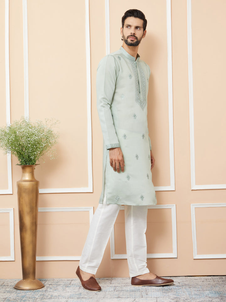 Pastel Green Embroidered Chanderi Silk Straight Kurta