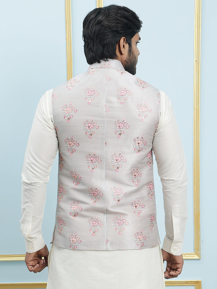 Pure Silk Kurta & Pyjama with Sequins Embroidered Nehru Jacket