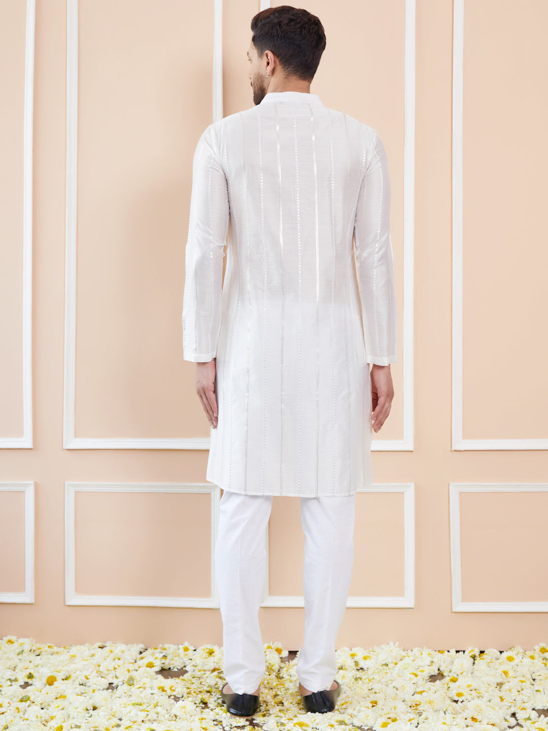 White Sequins Embroidered Pure Chanderi Silk Straight Kurta