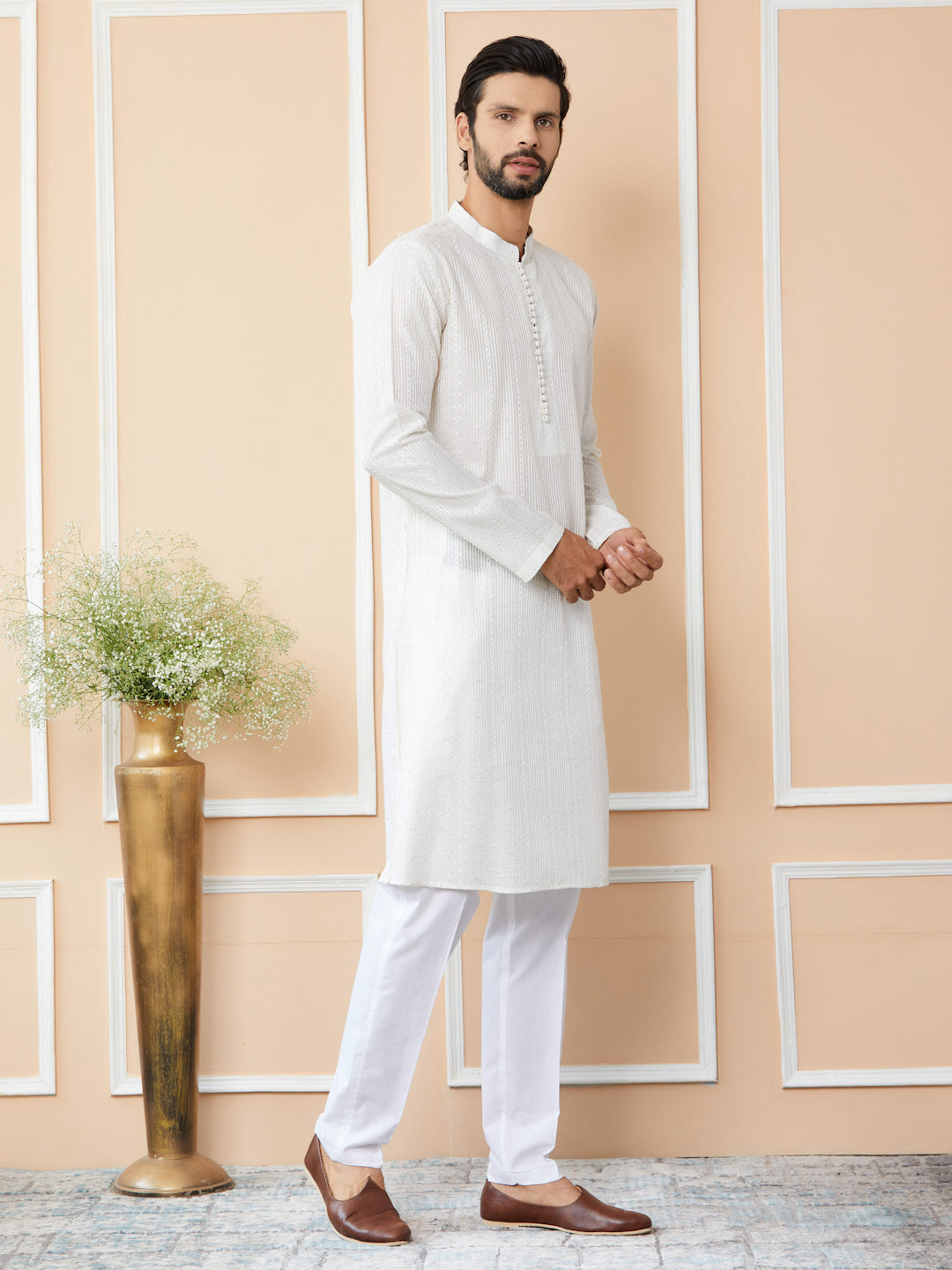 Off White Embroidered Thread Work Sequinned Chanderi Silk Straight Kurta with Pyjama