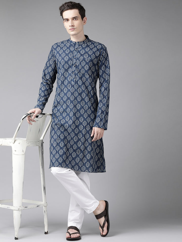 Blue and Beige Printed Straight kurta with pyjama