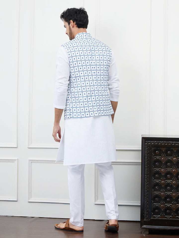 Pure Cotton Straight Kurta & Pyjama with Embroidered Nehru Jacket