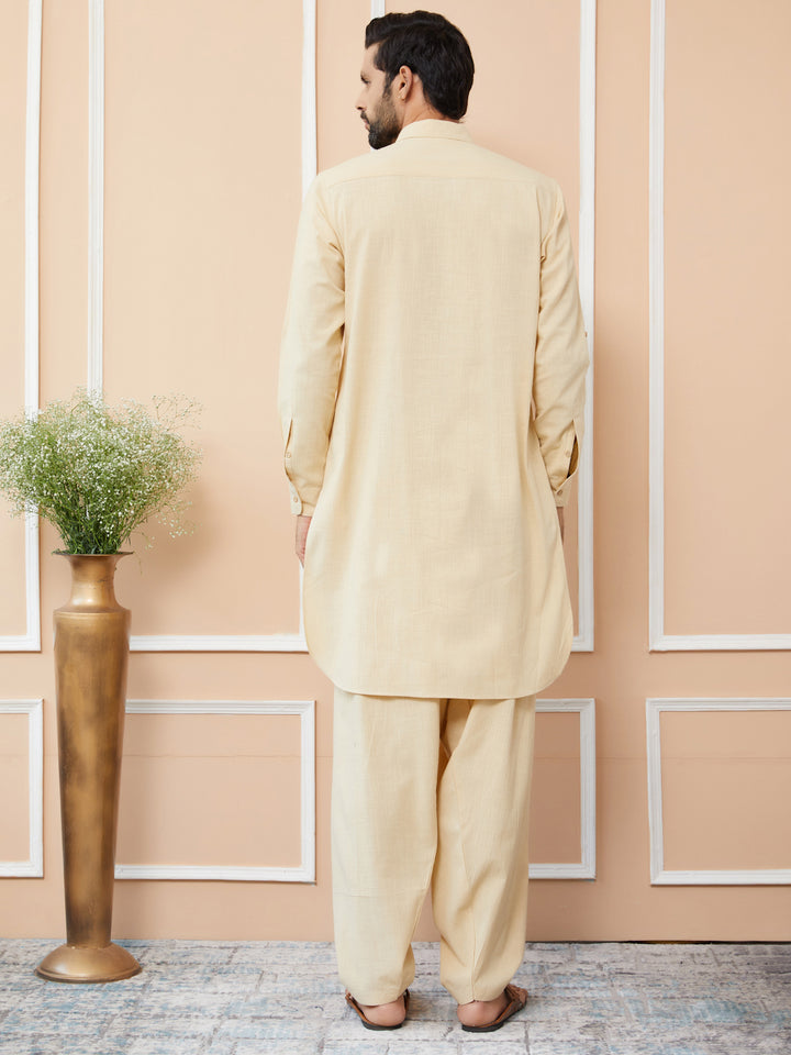 Beige Cotton Slub Pathani kurta with Salwar