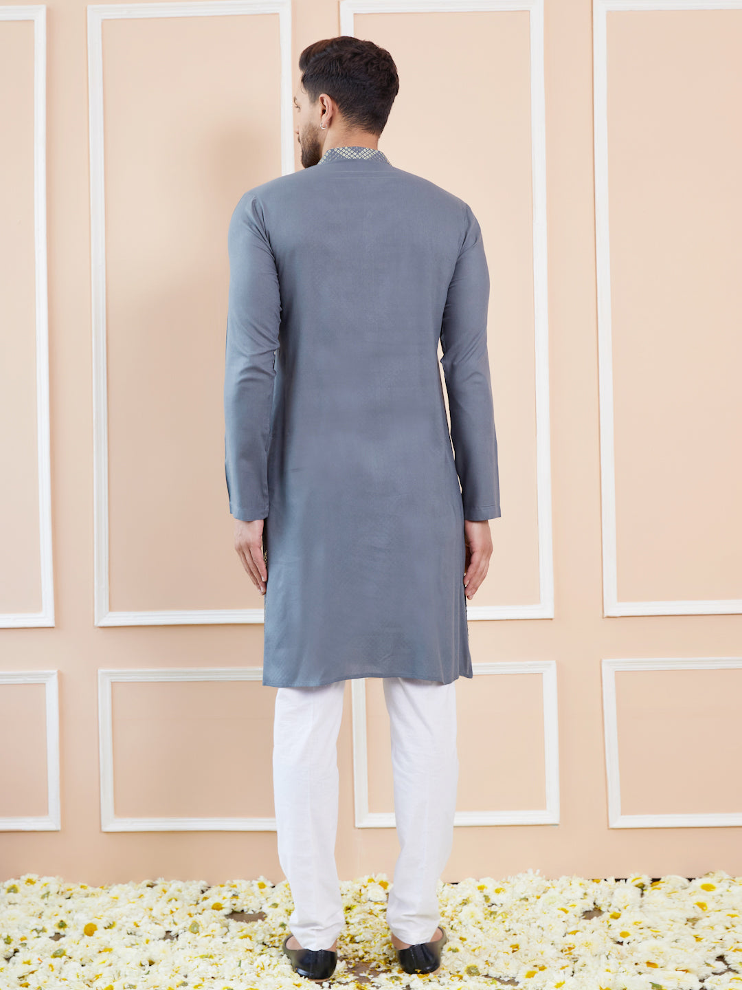 Grey Embroidered Rayon Straight Kurta with Pyjama