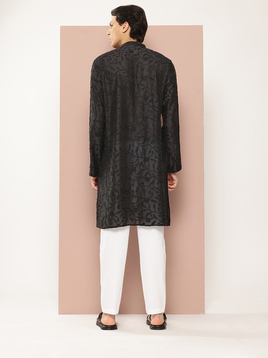 Men's Black Chanderi Silk Embroidered Kurta, Paired with Pyjama