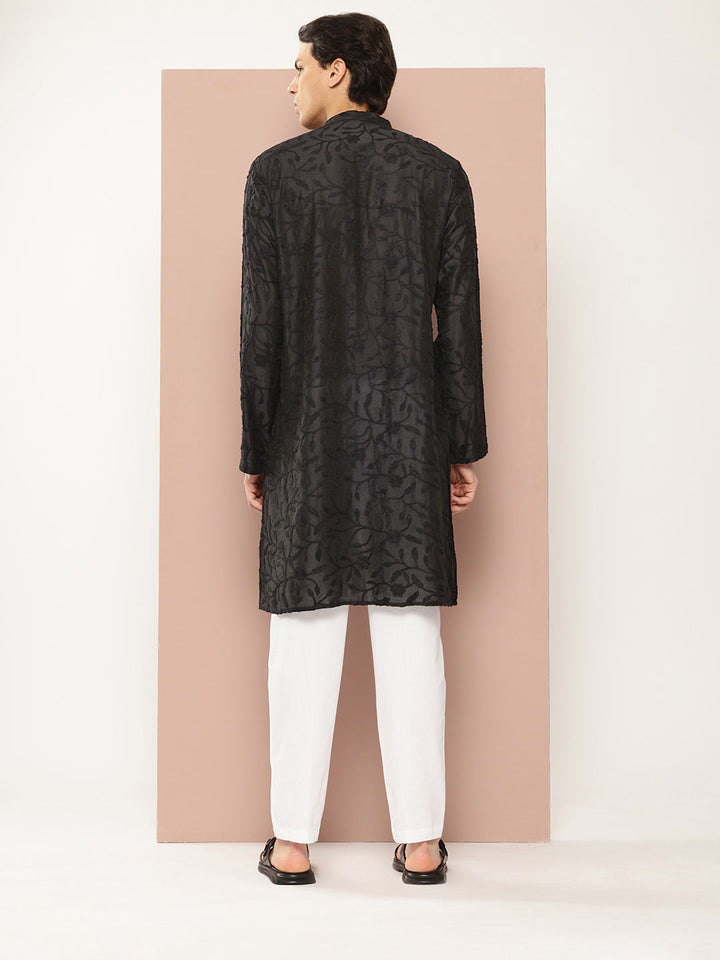 Men's Black Chanderi Silk Embroidered Kurta, Paired with Pyjama