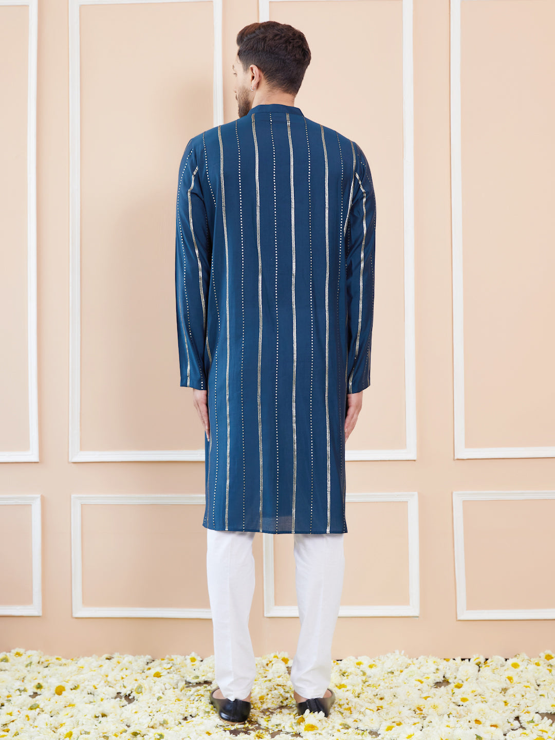 Blue and Gold Sequins Embroidered Chanderi Silk Straight Kurta With Pyjama