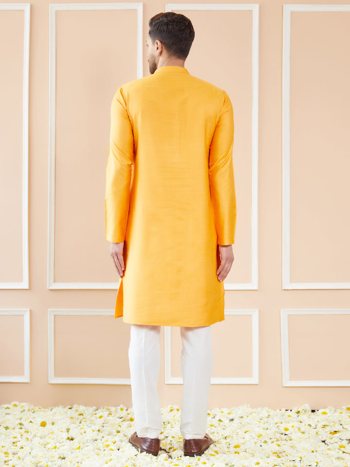 Mustard Raw Silk Straight Kurta with Pintuck Neckline and Pyjama