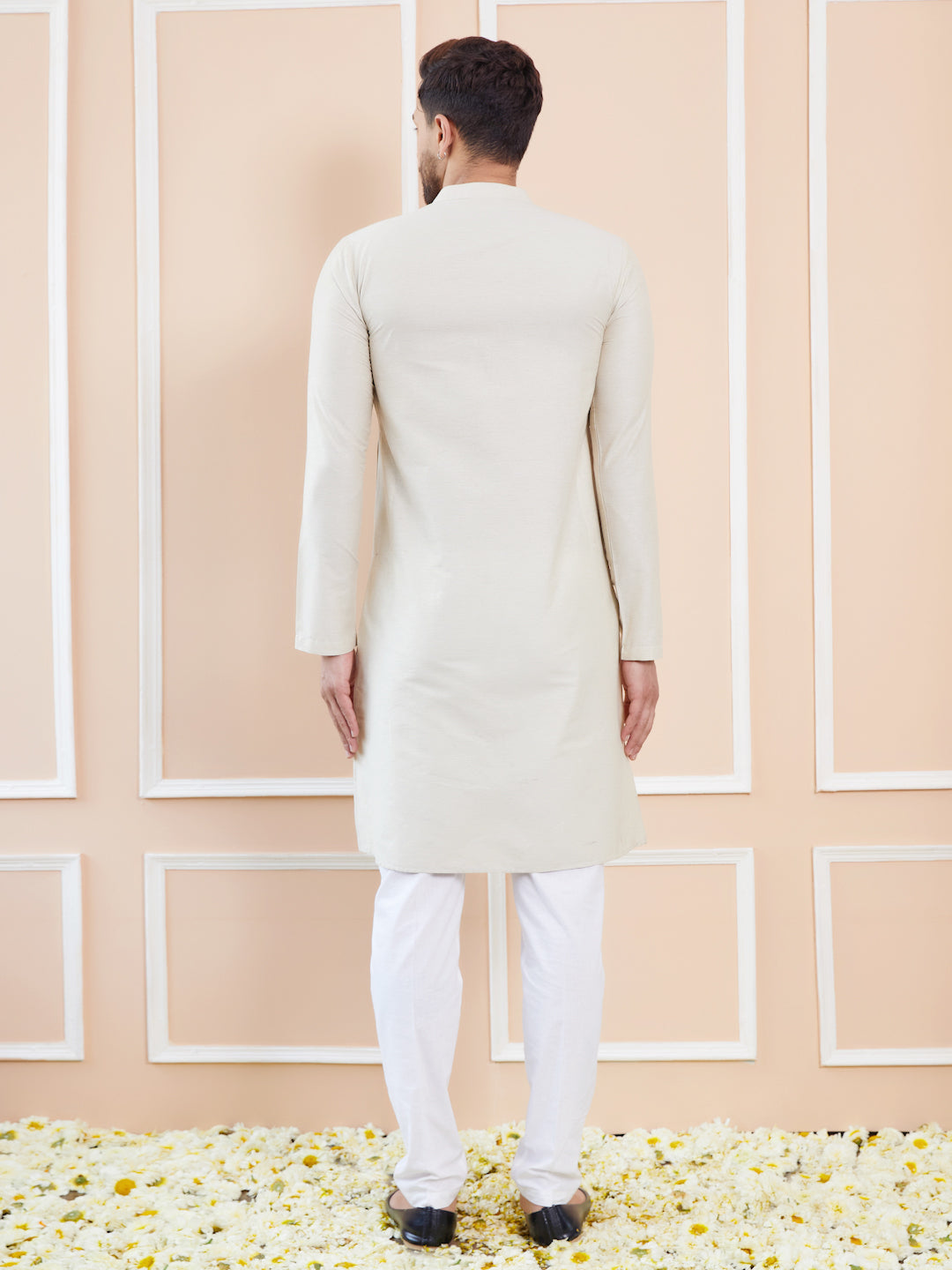 Cream Cotton Solid Straight Kurta with Pyjama