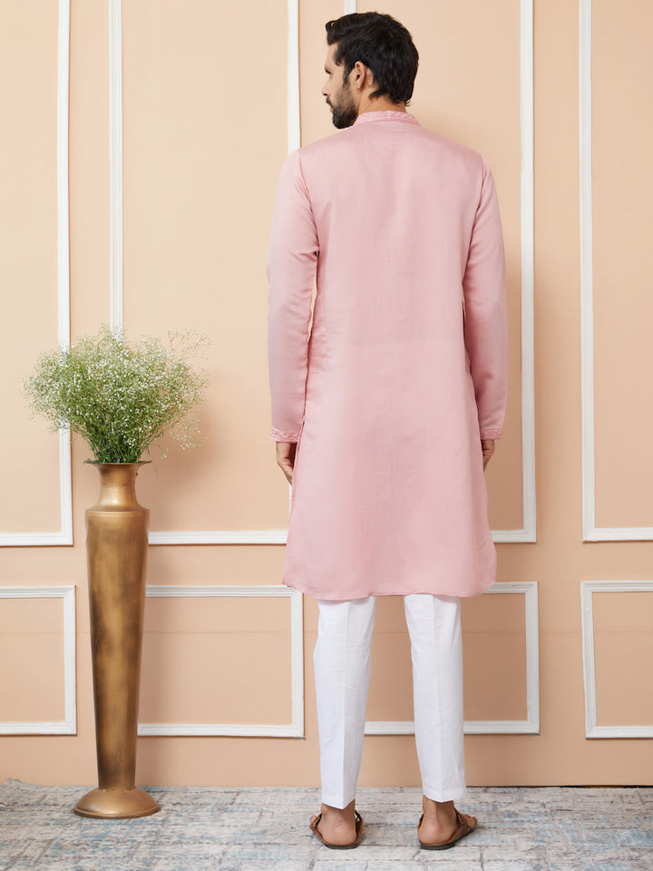 Pale Rose Embroidered Chanderi Silk Straight Kurta