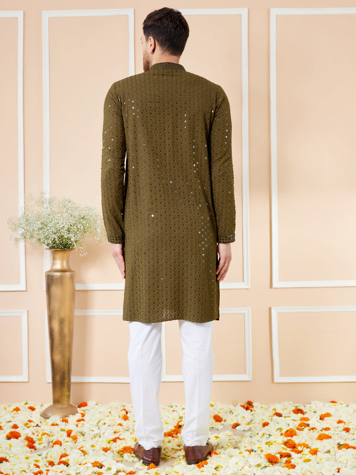 Olive Sequins Embroidered Rayon Kurta