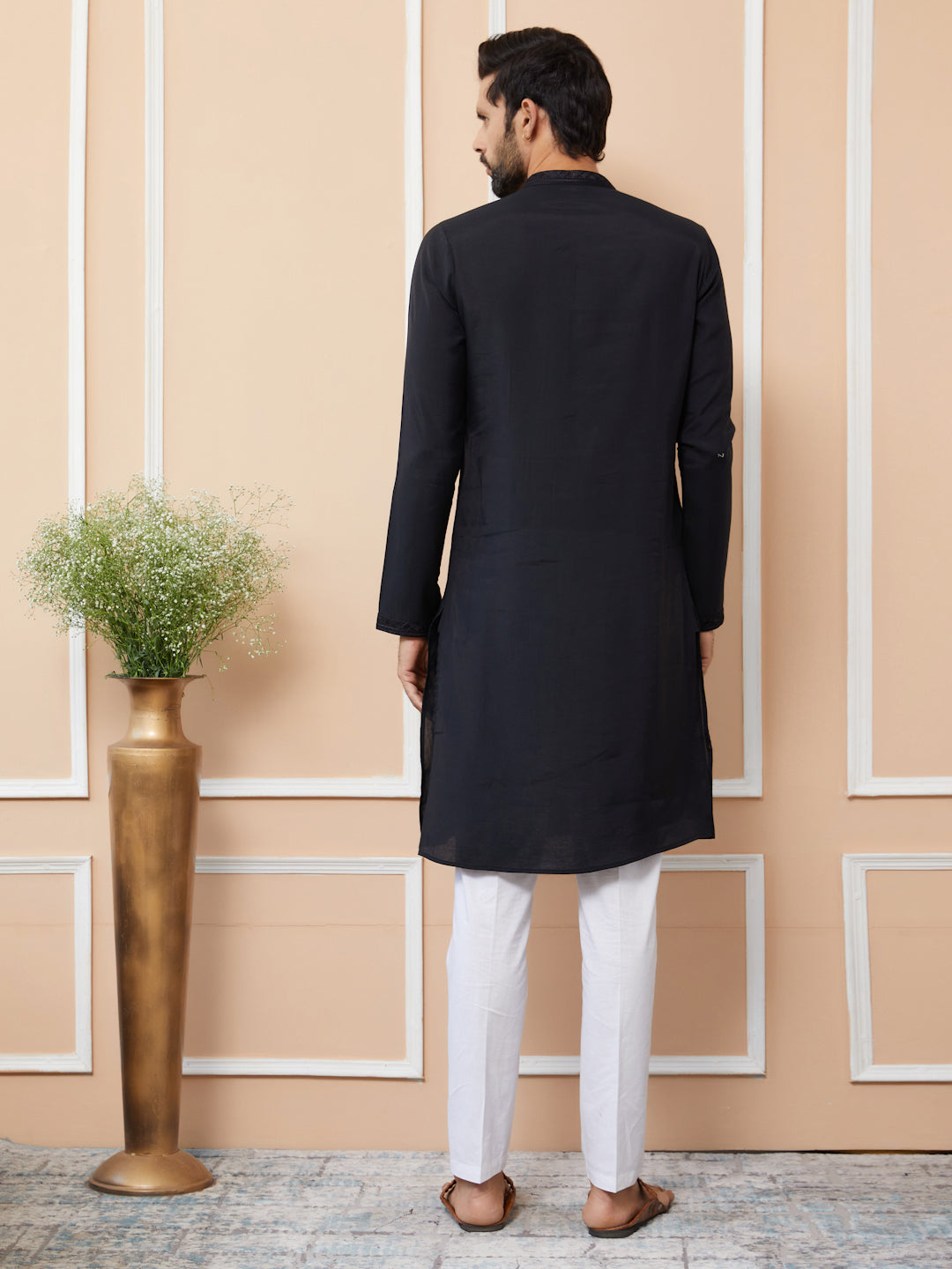 Black Embroidered Chanderi Silk Straight Kurta