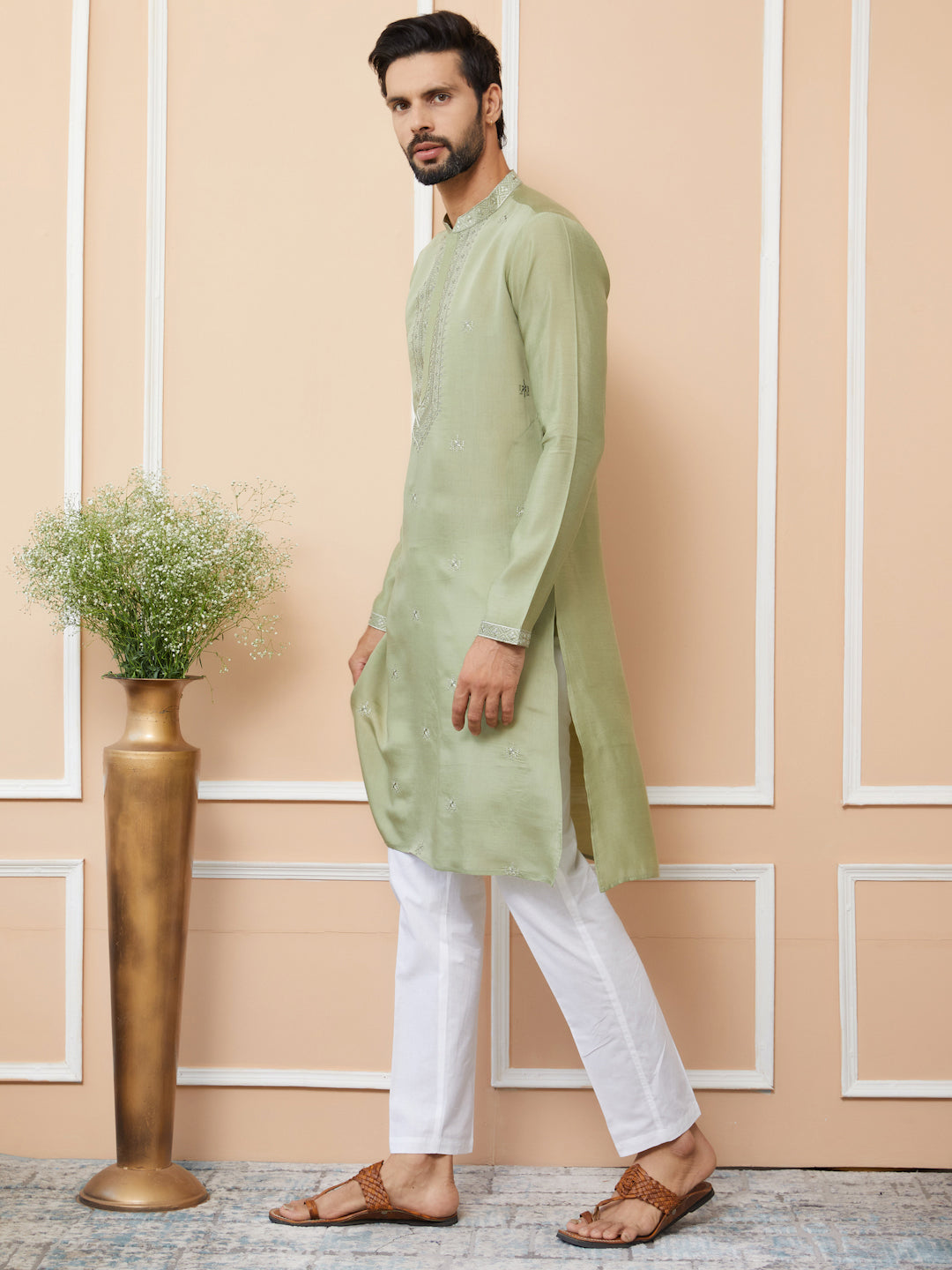 Olive Embroidered Chanderi Silk Straight Kurta with Pyjama