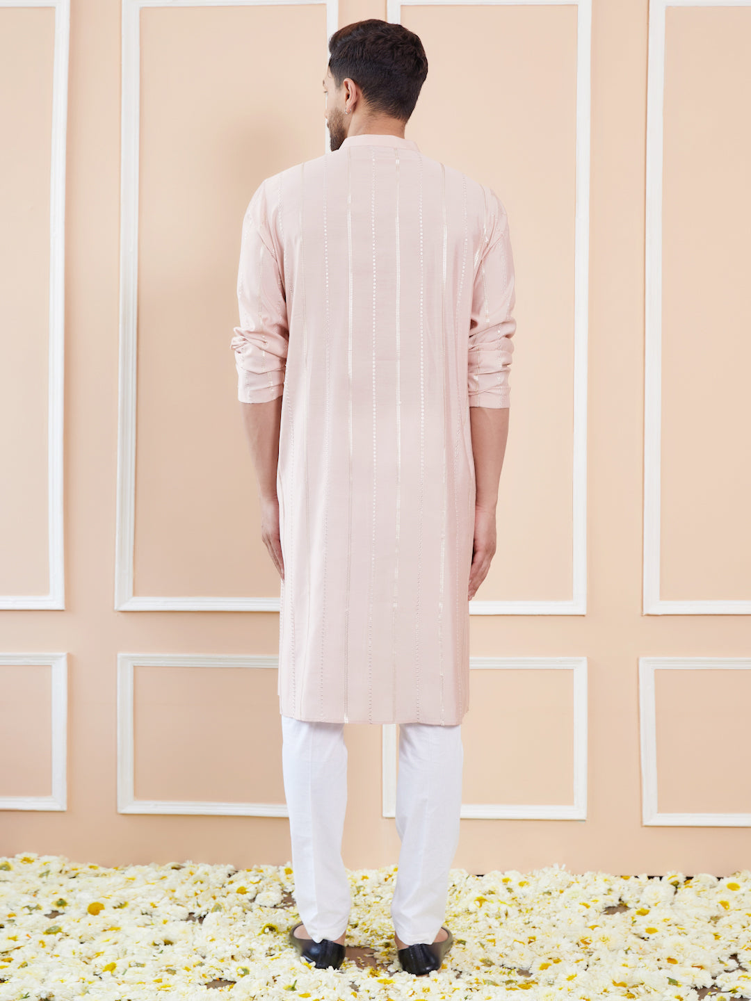 Men Pink and Gold Sequins Embroidered Chanderi Silk Straight Kurta With Pyjama