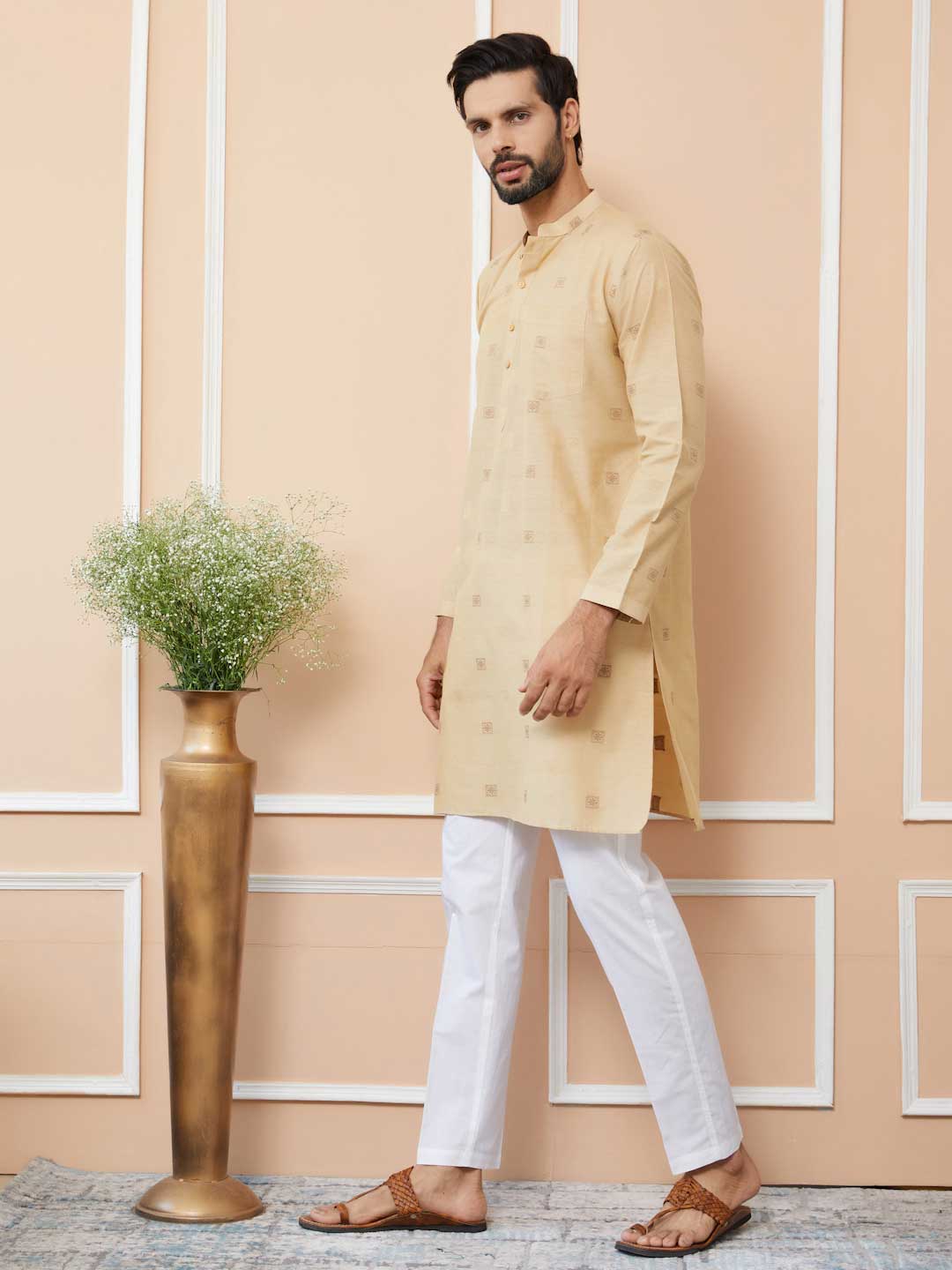 Beige Cotton Handloom motifs Straight Kurta