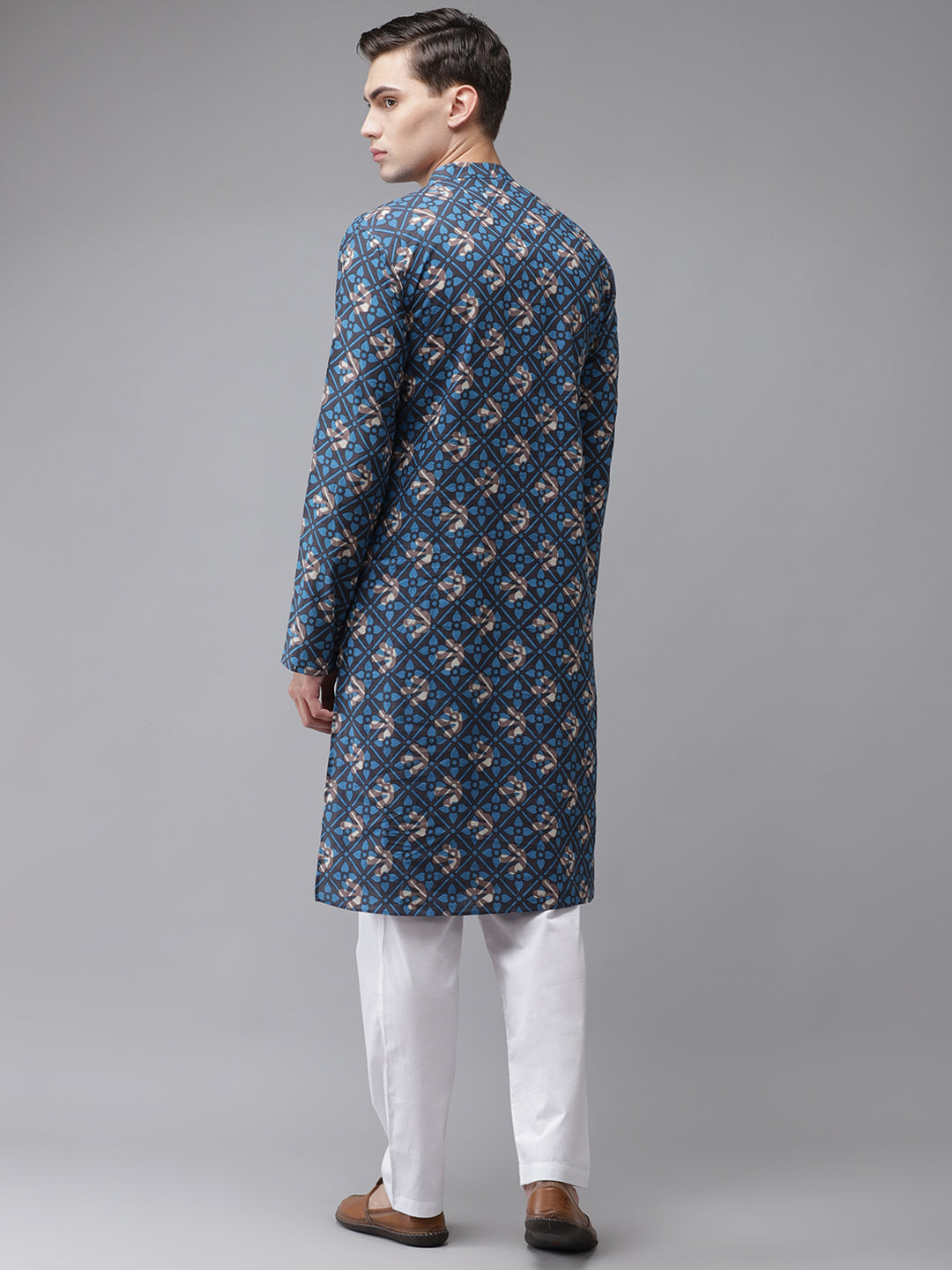 Men Blue and Beige Printed Straight Kurta