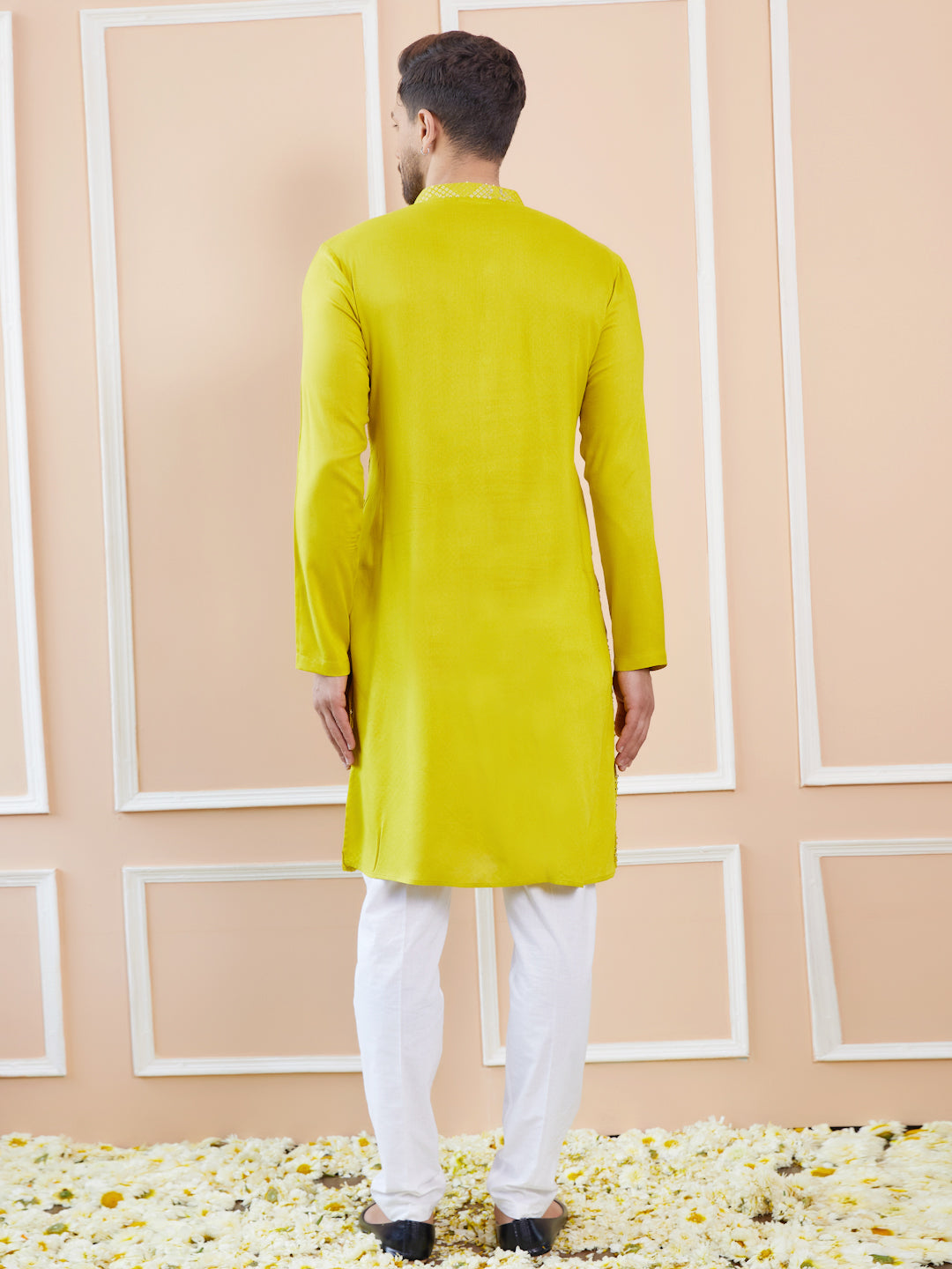 Men Lime Green Sequins Embroidered Chanderi Silk Straight Kurta With Pajama