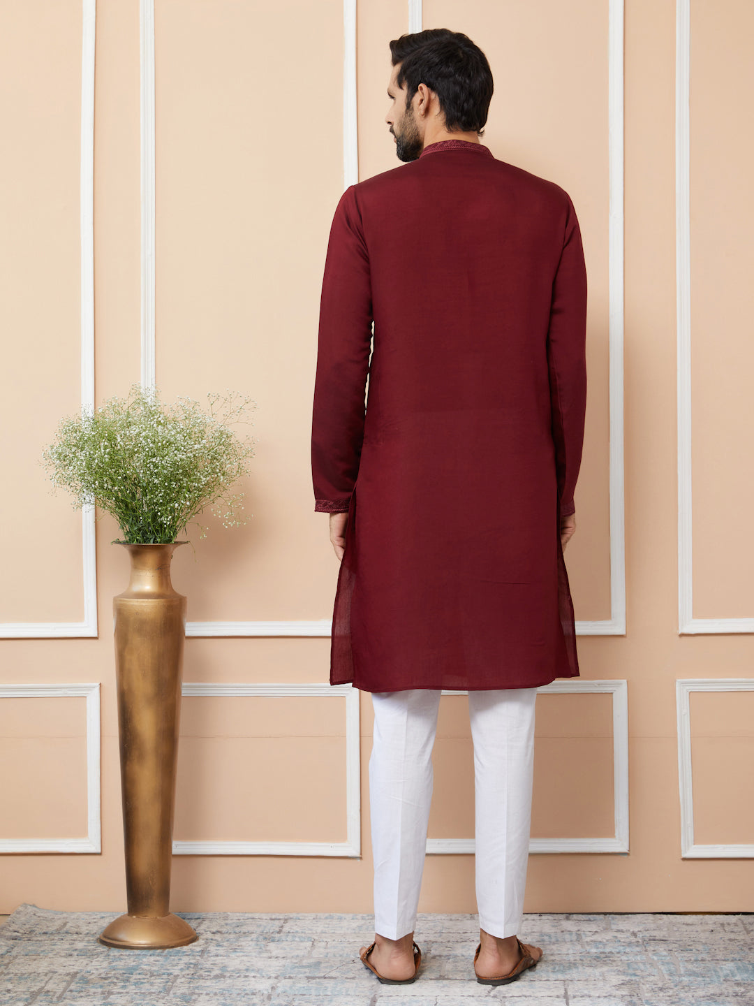 Dark Maroon Embroidered Chanderi Silk Straight Kurta