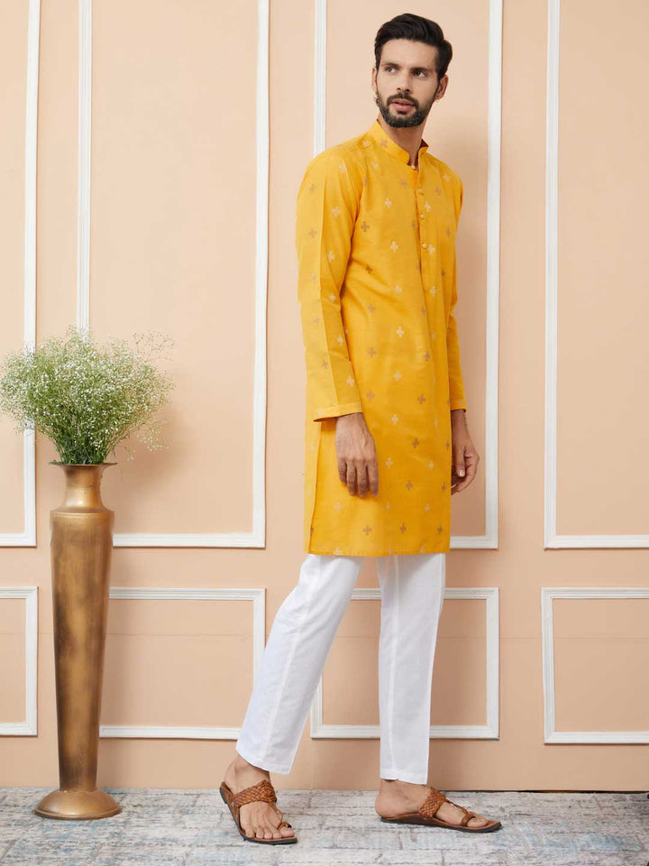 Mustard Cotton Handloom motifs Straight Kurta with Pyjama