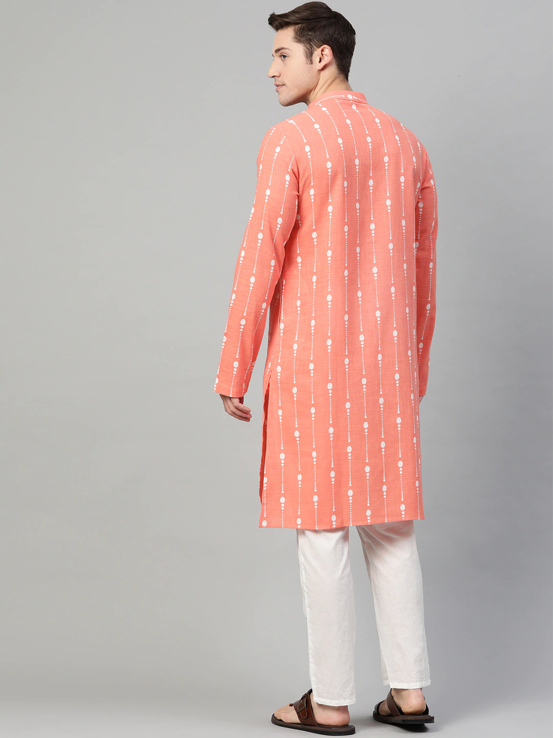 Peach and White Printed Straight kurta with Pyjama