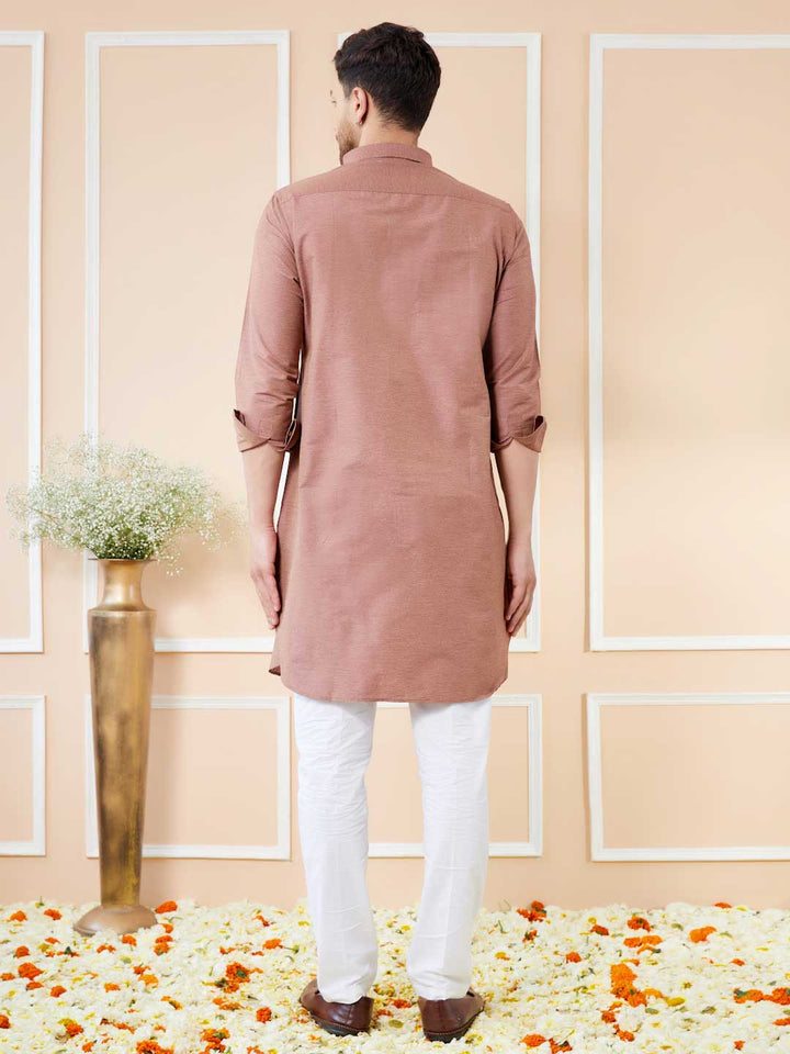 Brown Cotton Solid Pathani Kurta with Pyjama