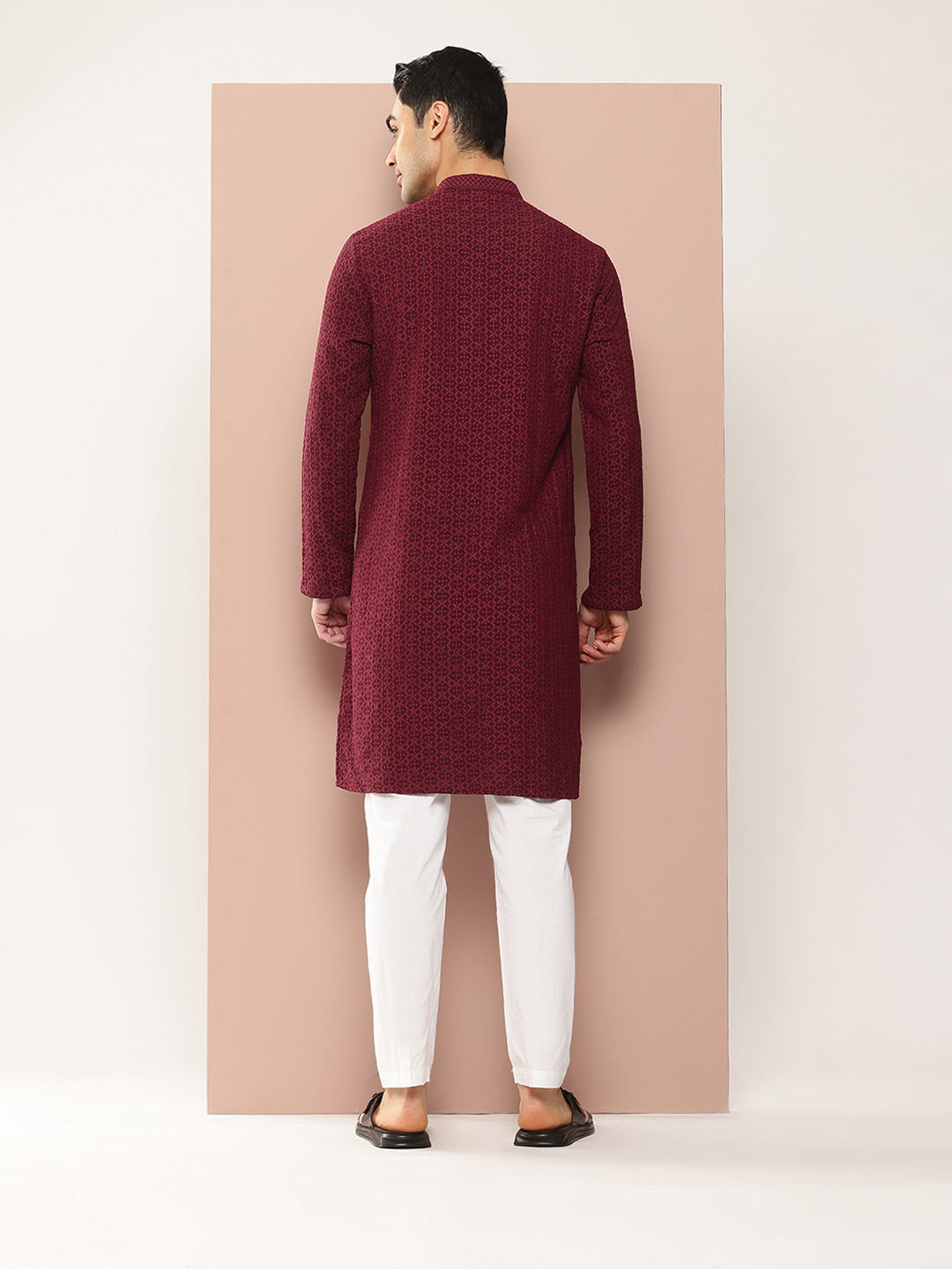 Men’s Maroon Rayon Kurta with Embroidered Chikankari, Paired with Pyjama