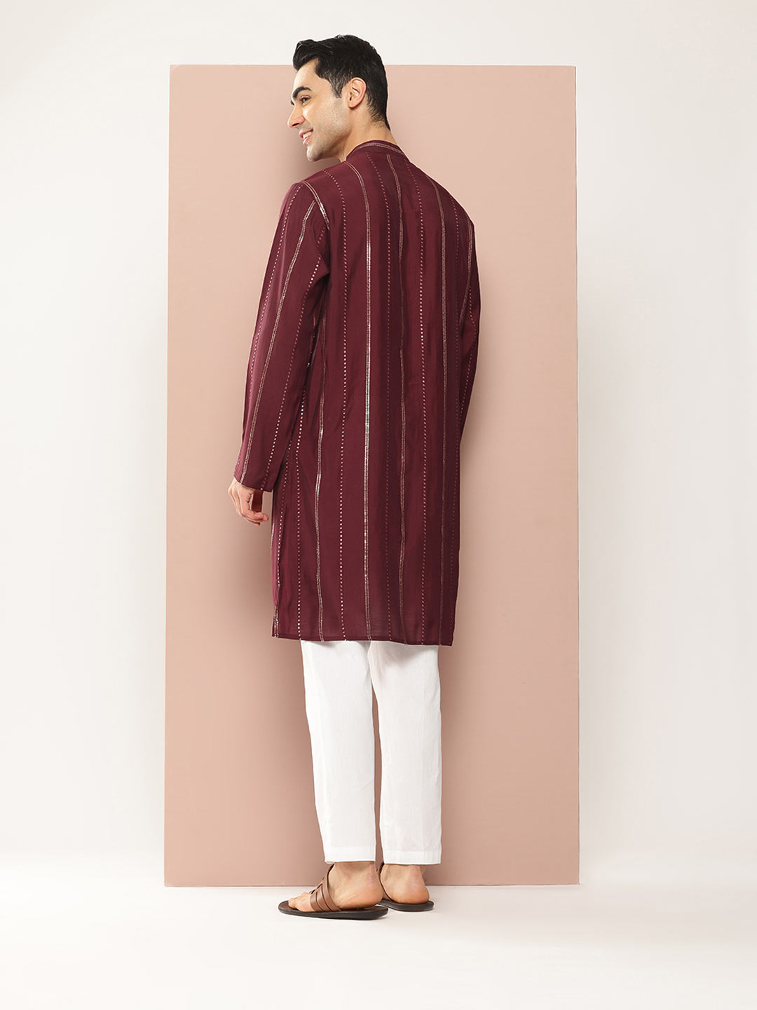 Men's Maroon Chanderi Silk Kurta with Sequin Embroidery, Paired with Pyjama