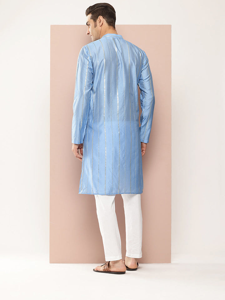 Men's Blue Chanderi Silk Embroidered Kurta, Paired with Pyjama