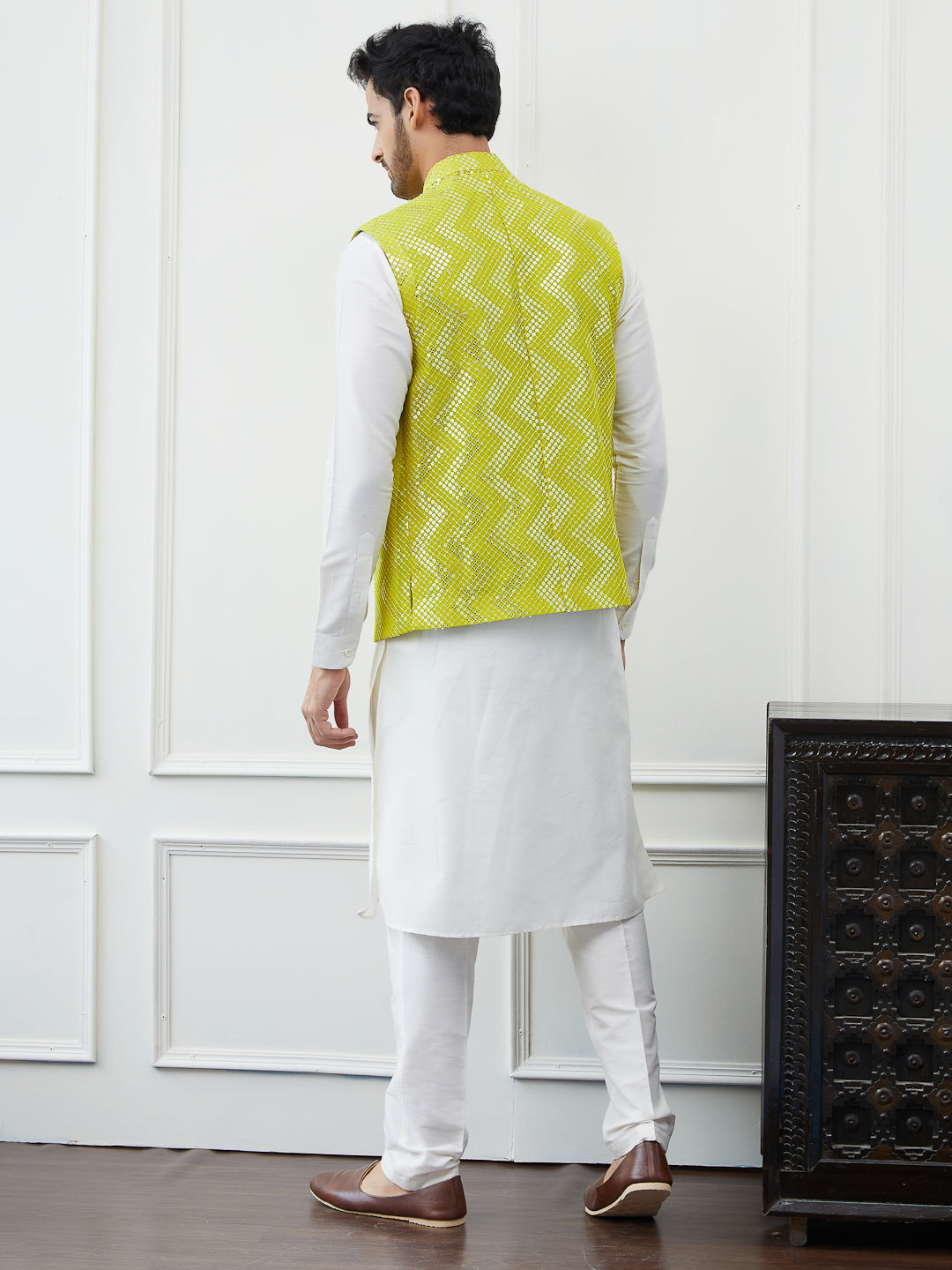 Pure Cotton Straight Kurta & Pyjama with Sequins Embroidered Nehru Jacket