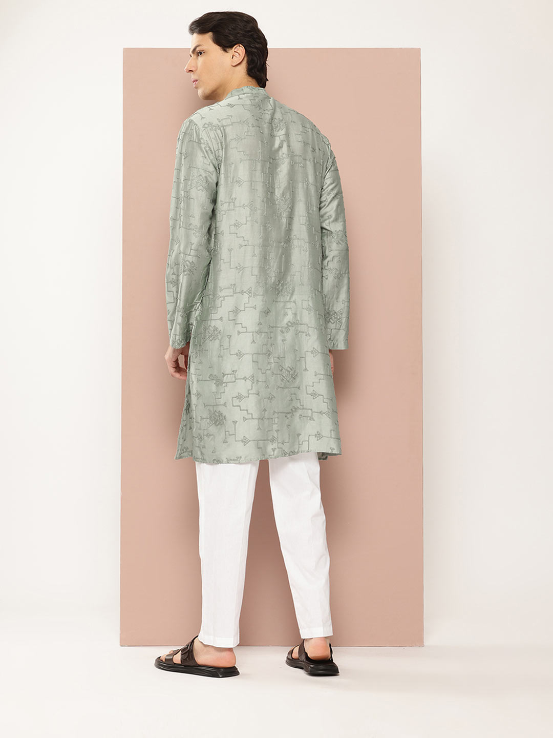 Men's See Green Chanderi Silk Embroidered Kurta, Paired with Pyjama