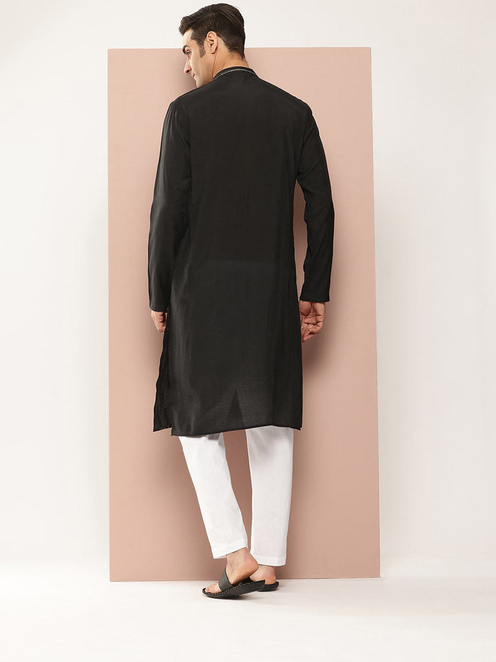 Black Chanderi Silk Kurta with Sequin Embroidery, Paired with Pyjama