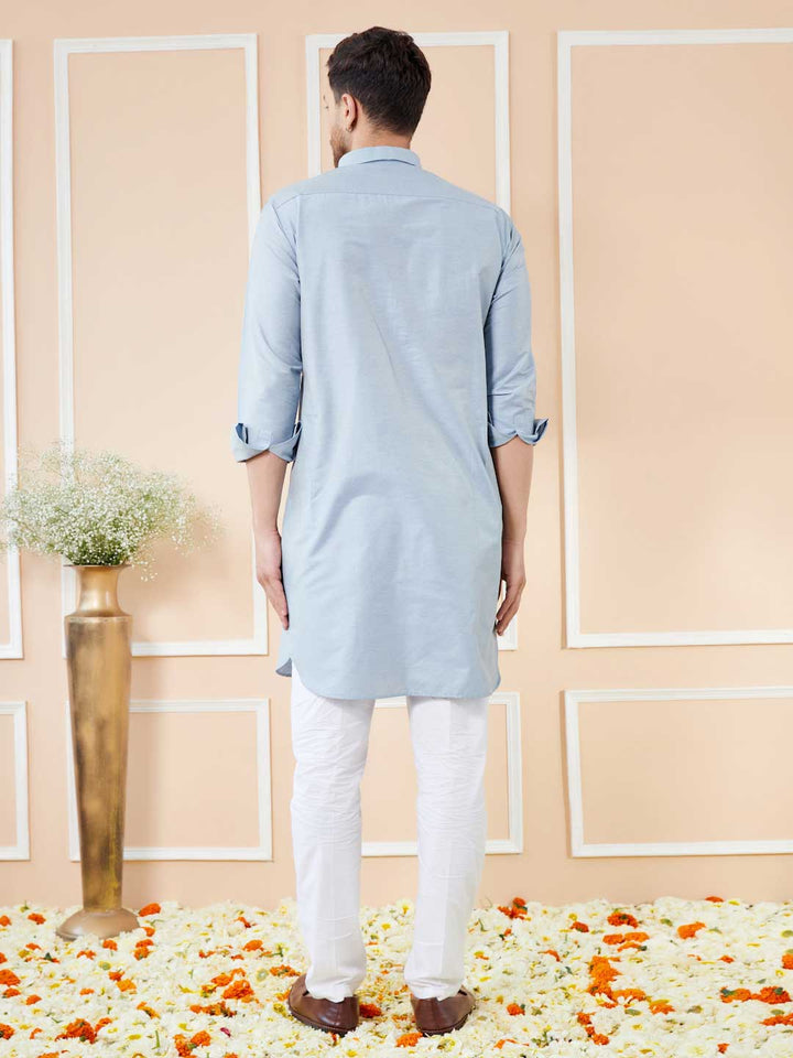 Blue Cotton Solid Pathani Kurta with Pyjama