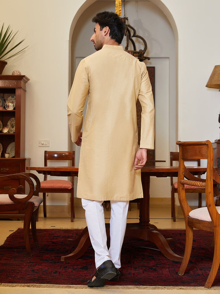 Pintuck Yoke Cotton Silk Straight Kurta with Pyjama