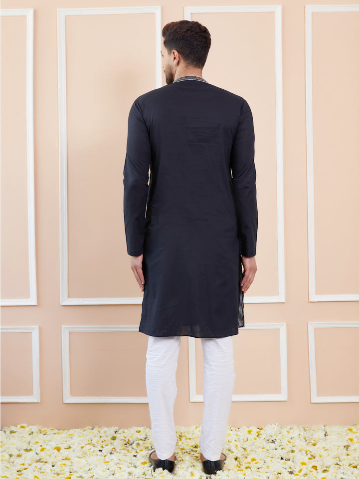 Black Sequins and Thread Worked Cotton Straight Kurta