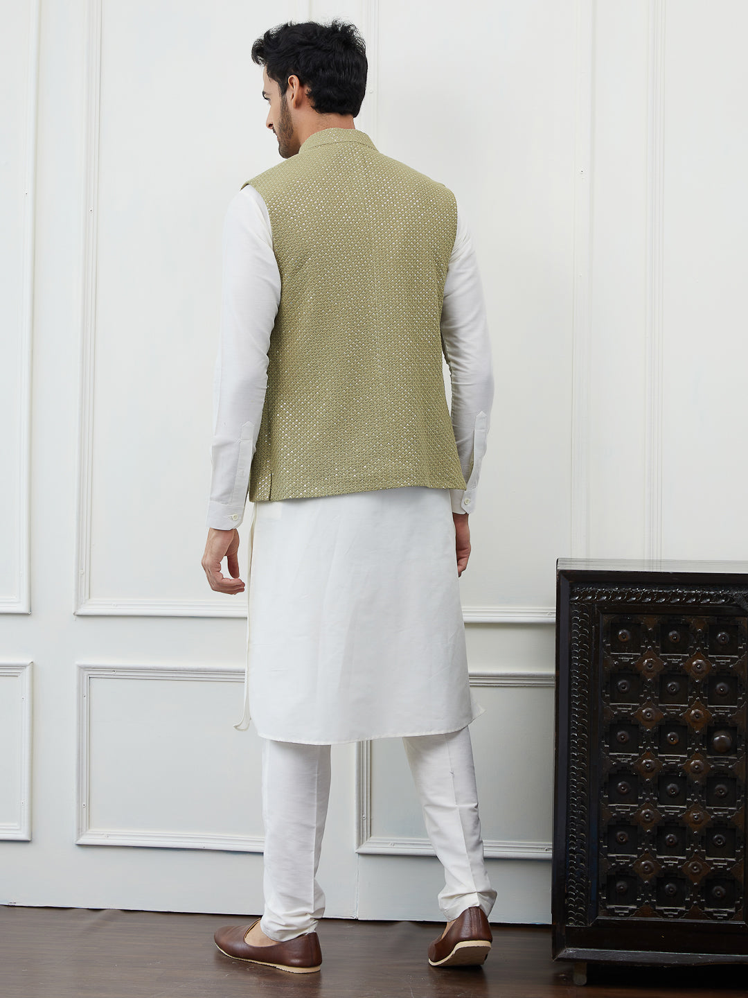 Pure Cotton Straight Kurta & Pyjama with Sequins Embroidered Nehru Jacket