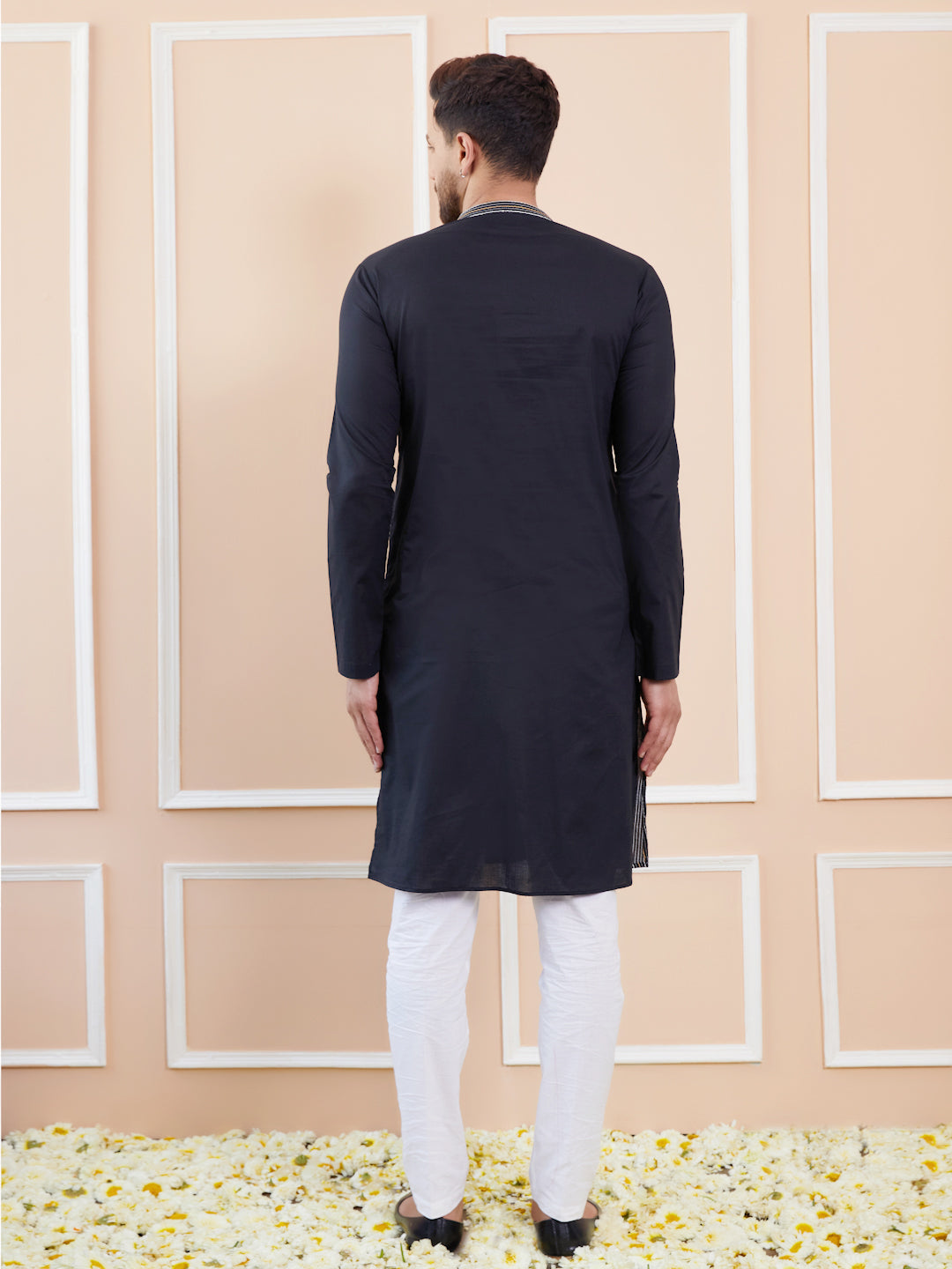 Black Sequins and Thread Worked Cotton Straight Kurta with Pyjama