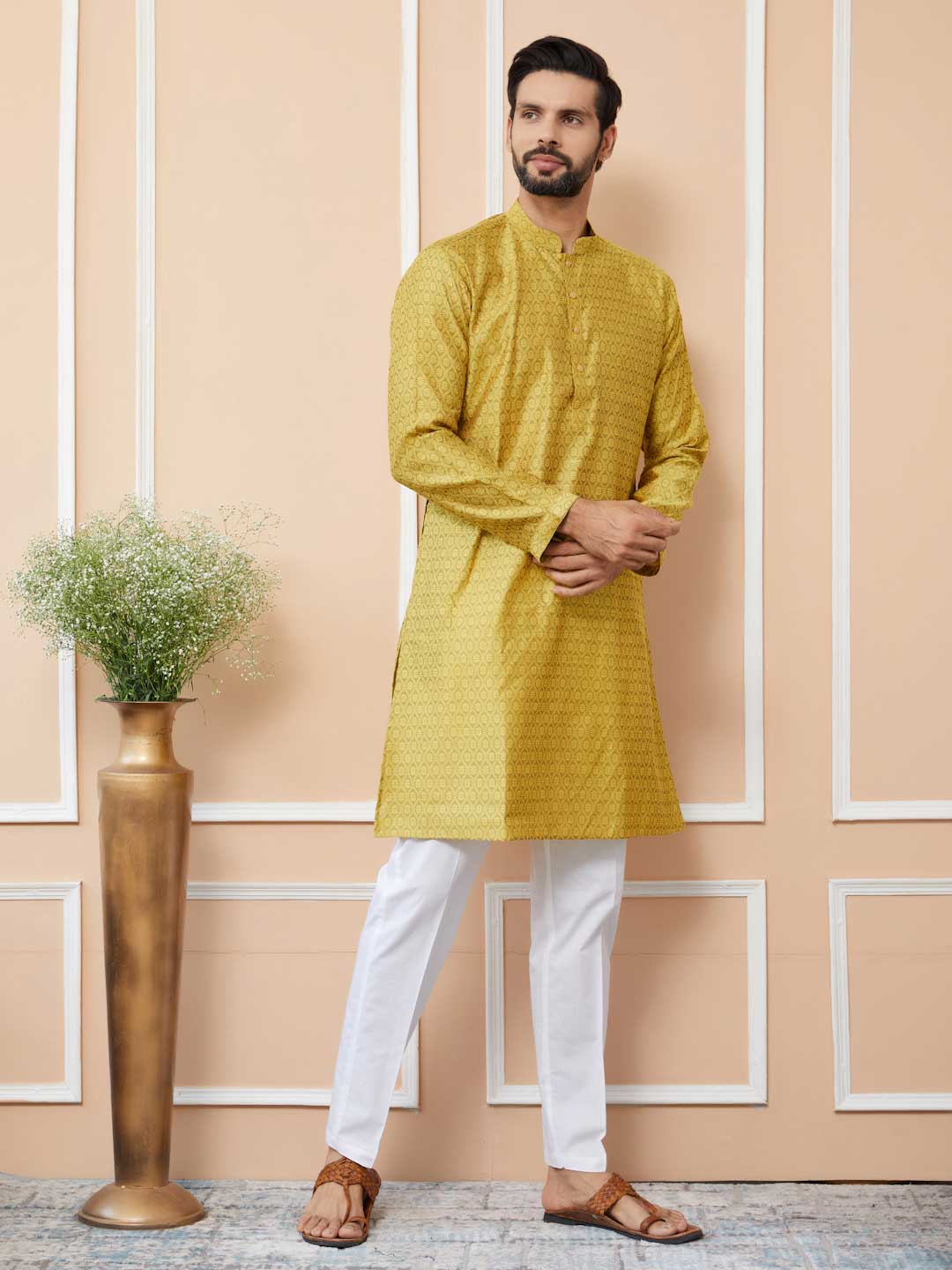 Yellow Ethnic Motifs Silk Jacquard Woven Design Straight Kurta