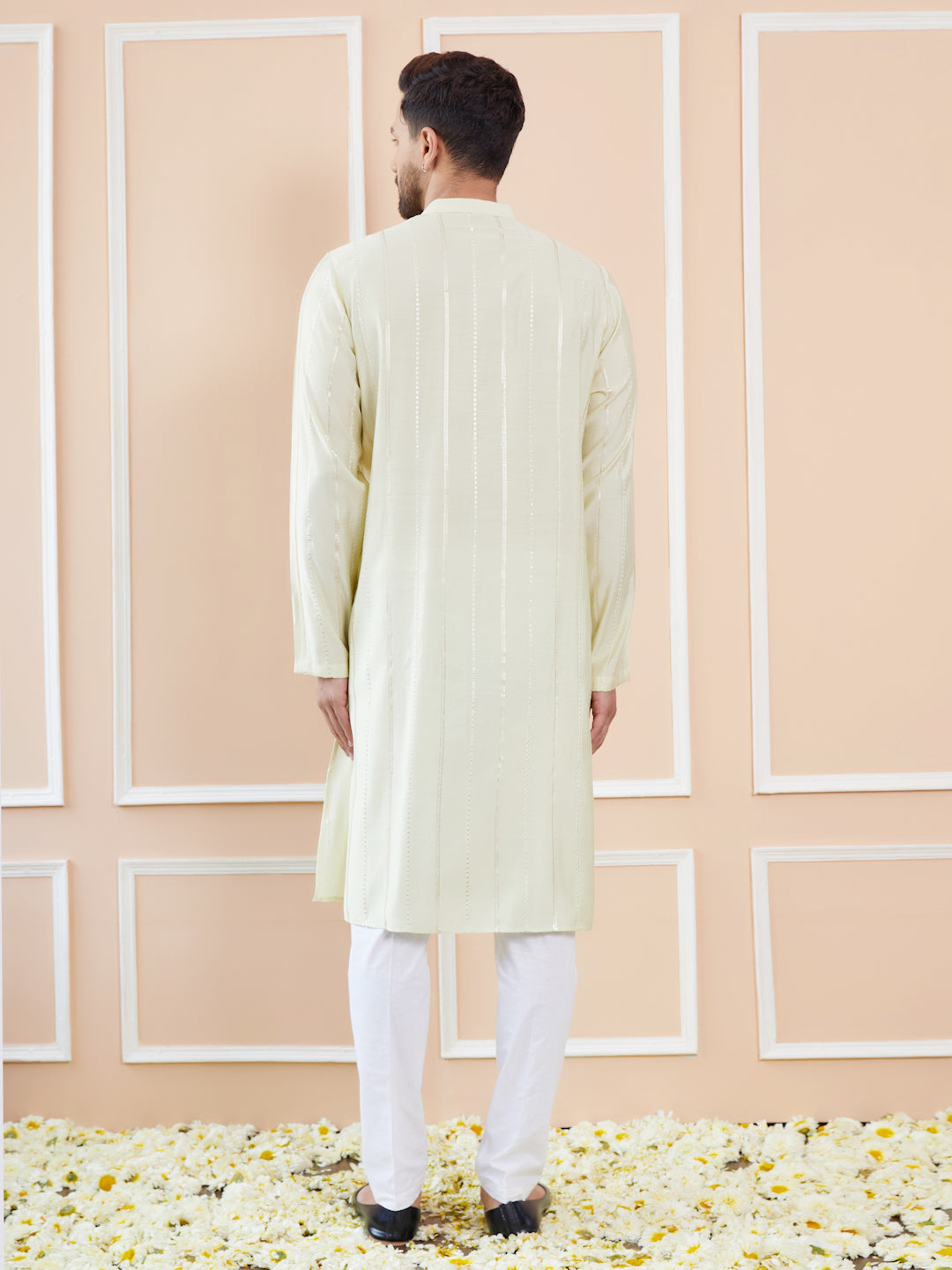 Cream and Gold Sequins Embroidered Chanderi Silk Straight Kurta With Pyjama