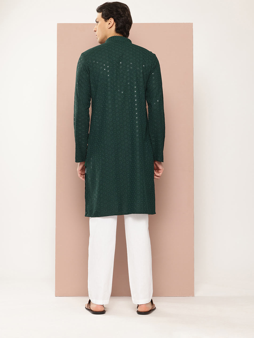 Men's Green Sequin Embroidered Rayon Kurta, Paired with Pyjama