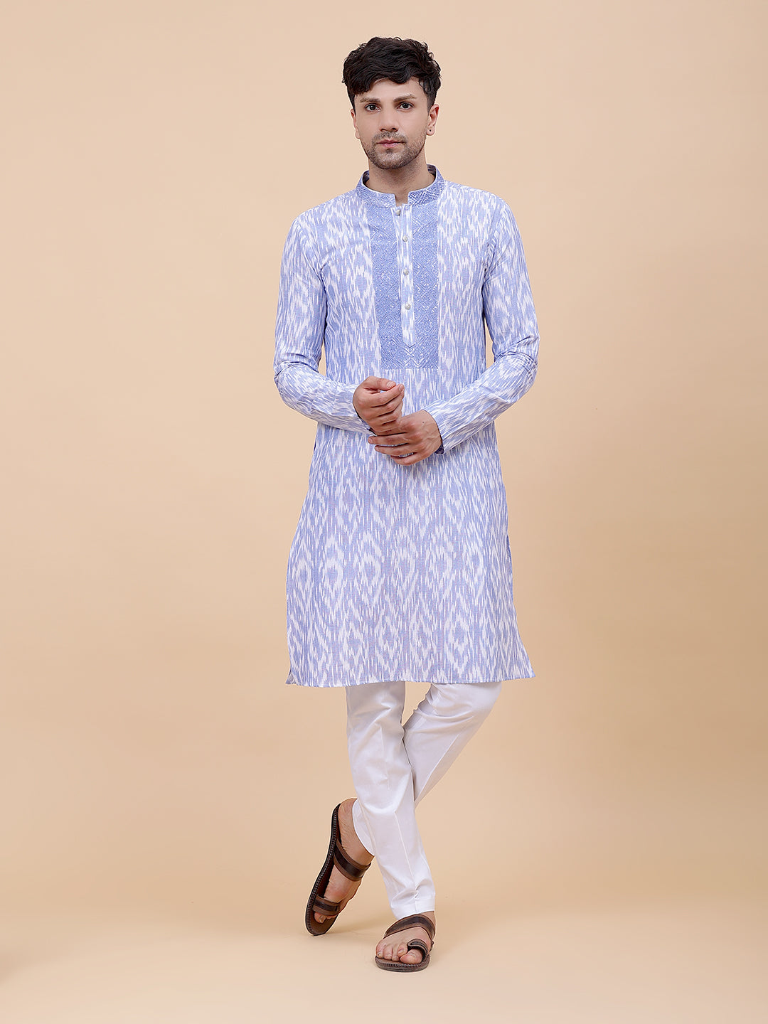 Printed Ikat Pure Cotton Straight Kurta with Embroidered Neck Design and Pyjama