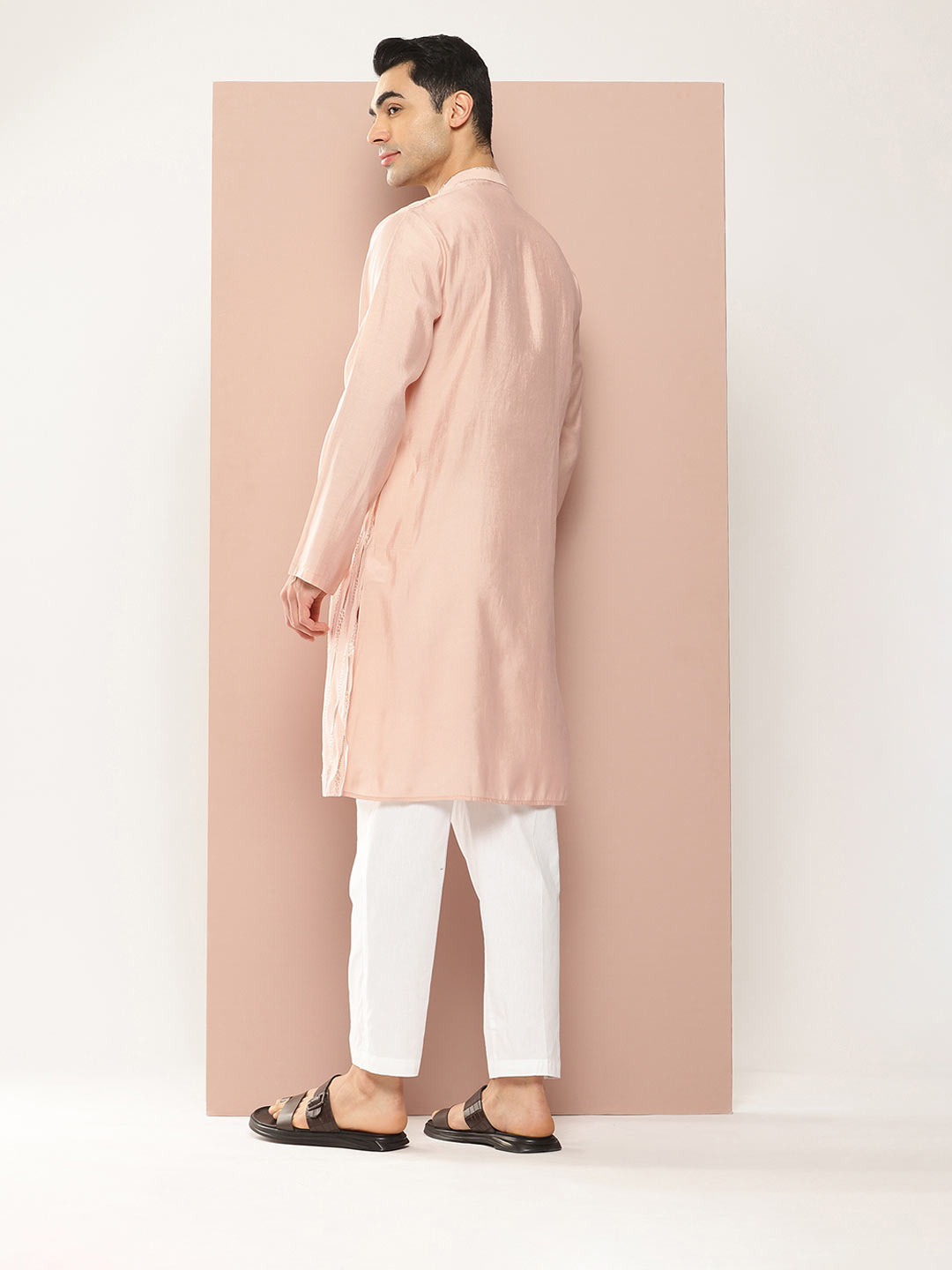 Men’s Pink Chanderi Silk Kurta with Sequin Embroidery, Paired with Pyjama