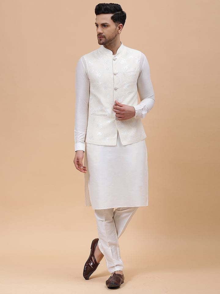 Pure Silk Kurta & Pyjama with Woven Jacquard Nehru Jacket