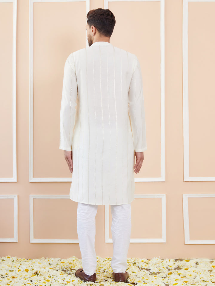 Off White and Gold Sequins Embroidered Chanderi Silk Straight Kurta With Pyjama