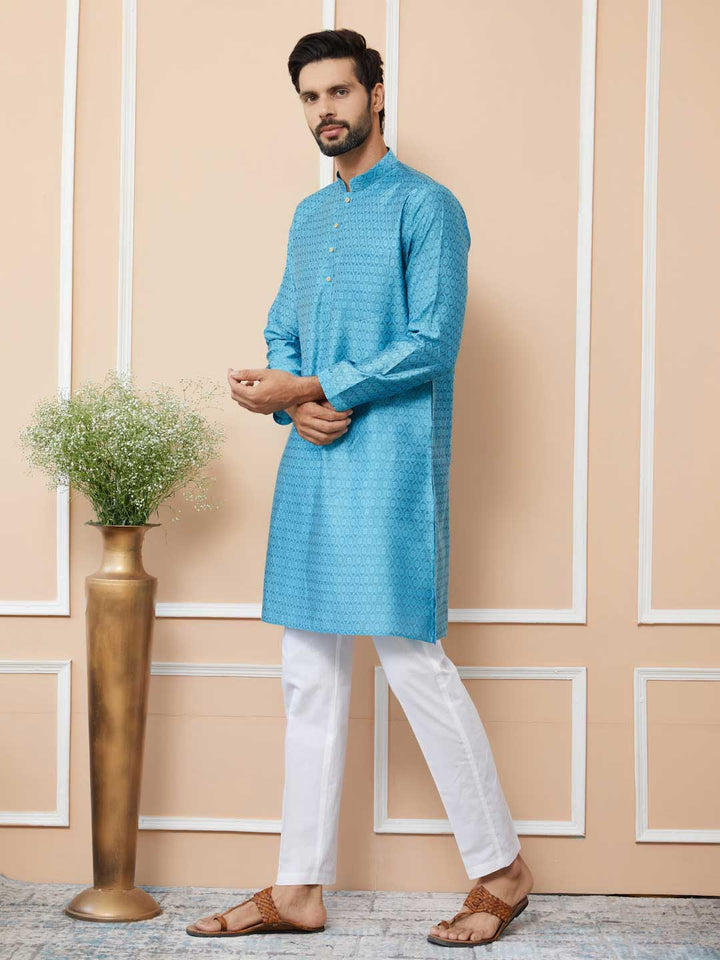 Light Blue Ethnic Motifs Silk Jacquard Woven Design Straight Kurta