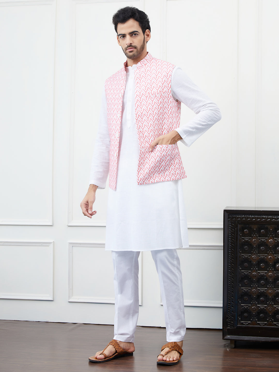 Pure Cotton Straight Kurta & Pyjama with Embroidered Nehru Jacket