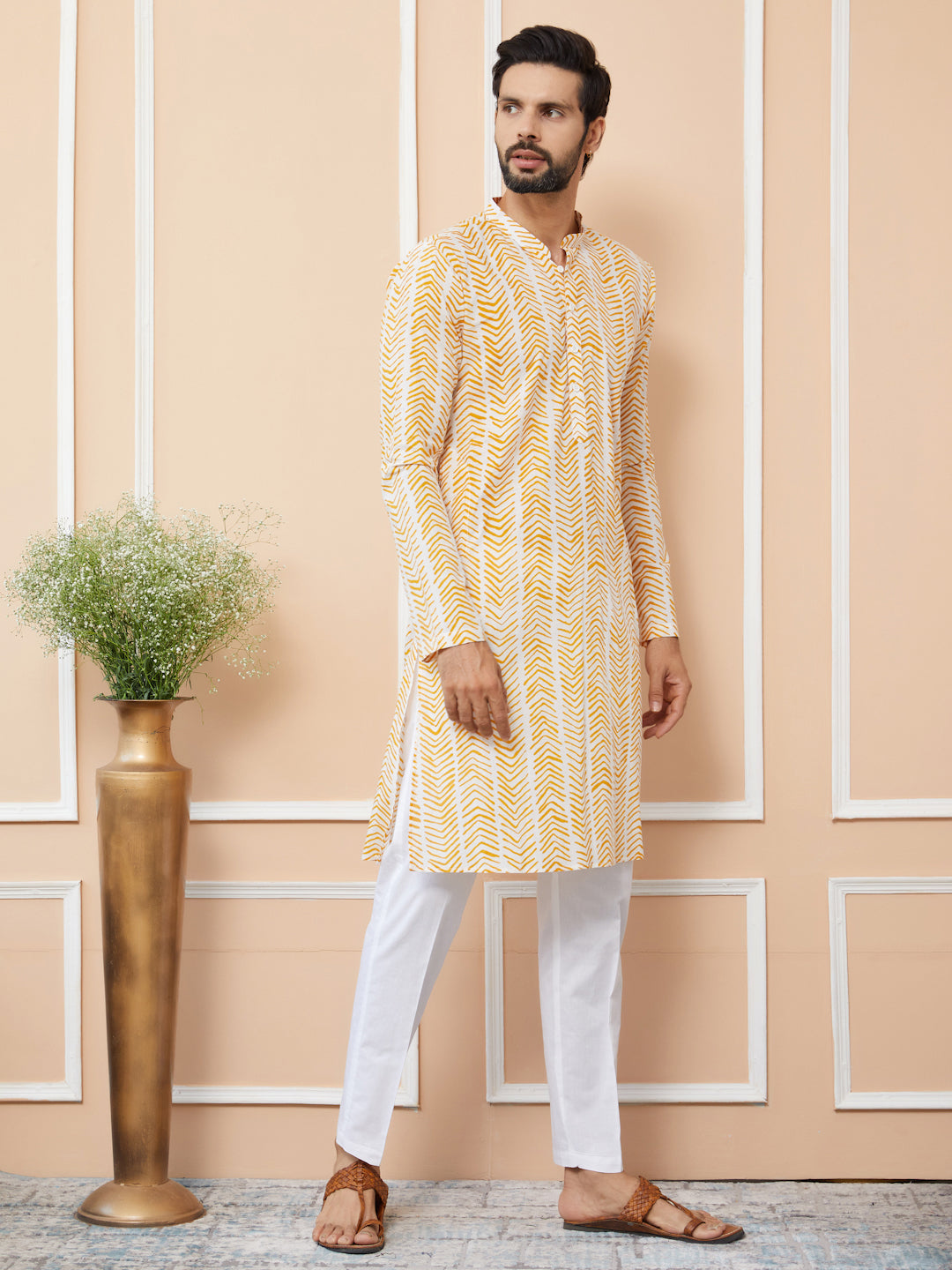 White-Yellow Printed Pure Cotton Straight Kurta