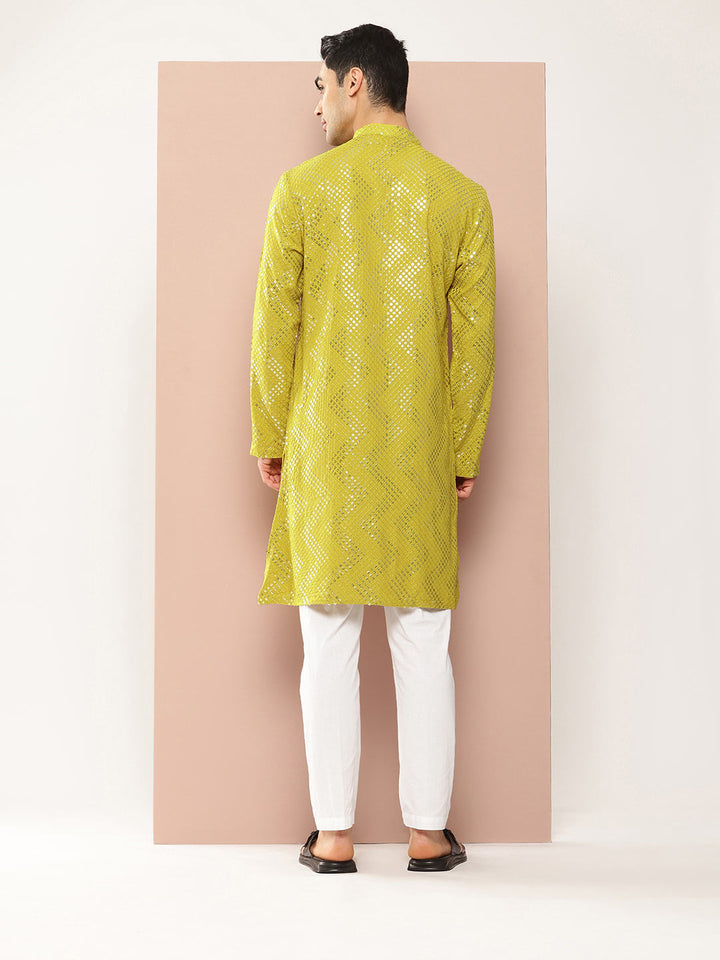 Men's Lime Green Sequin Embroidered Rayon Kurta, Paired with Pyjama