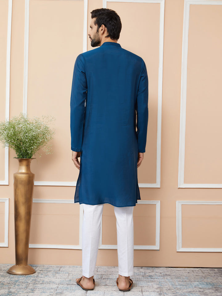 Navy Blue Embroidered Chanderi Silk Straight Kurta