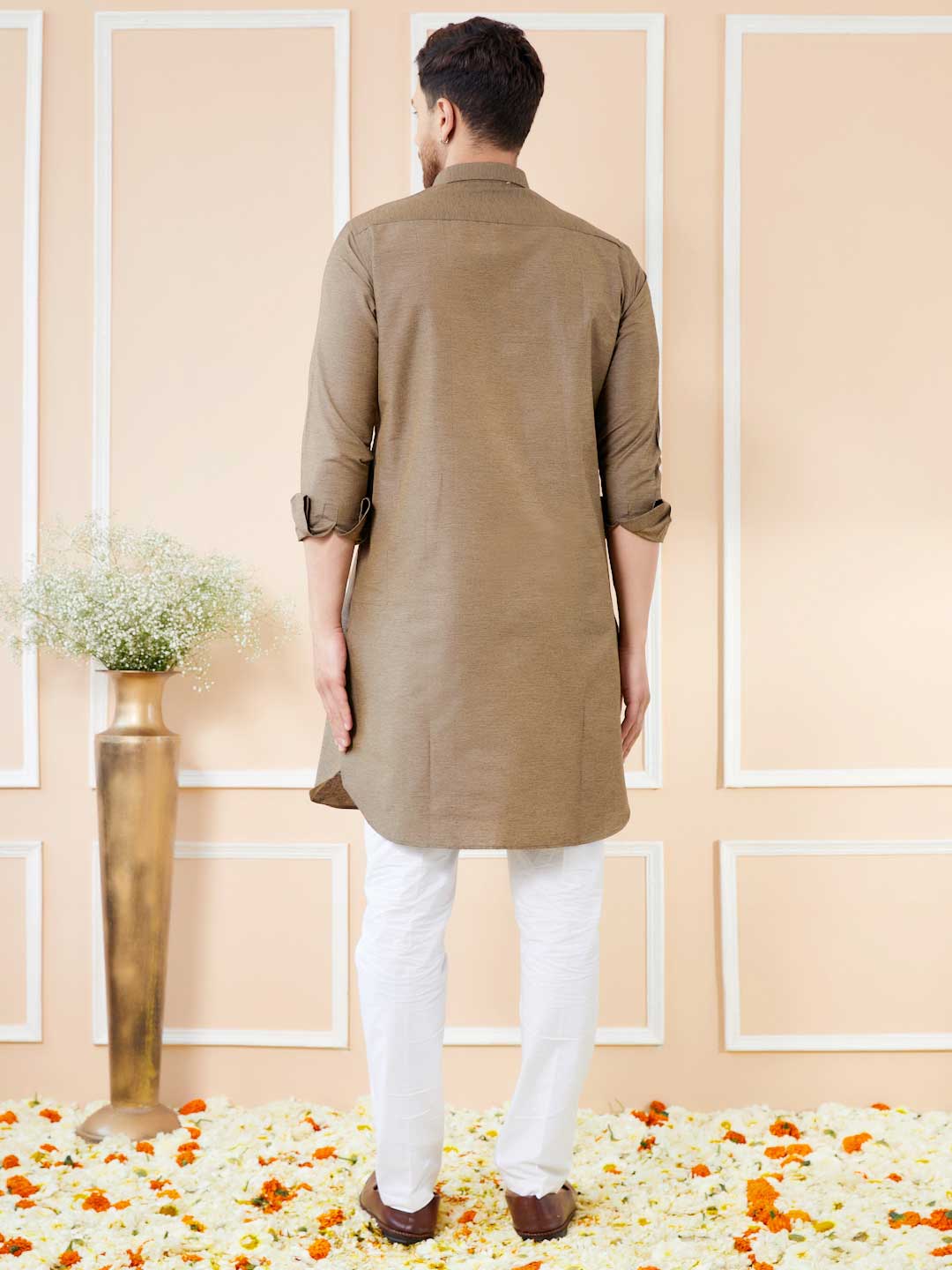 Brown Cotton Solid Pathani Kurta with Pyjama