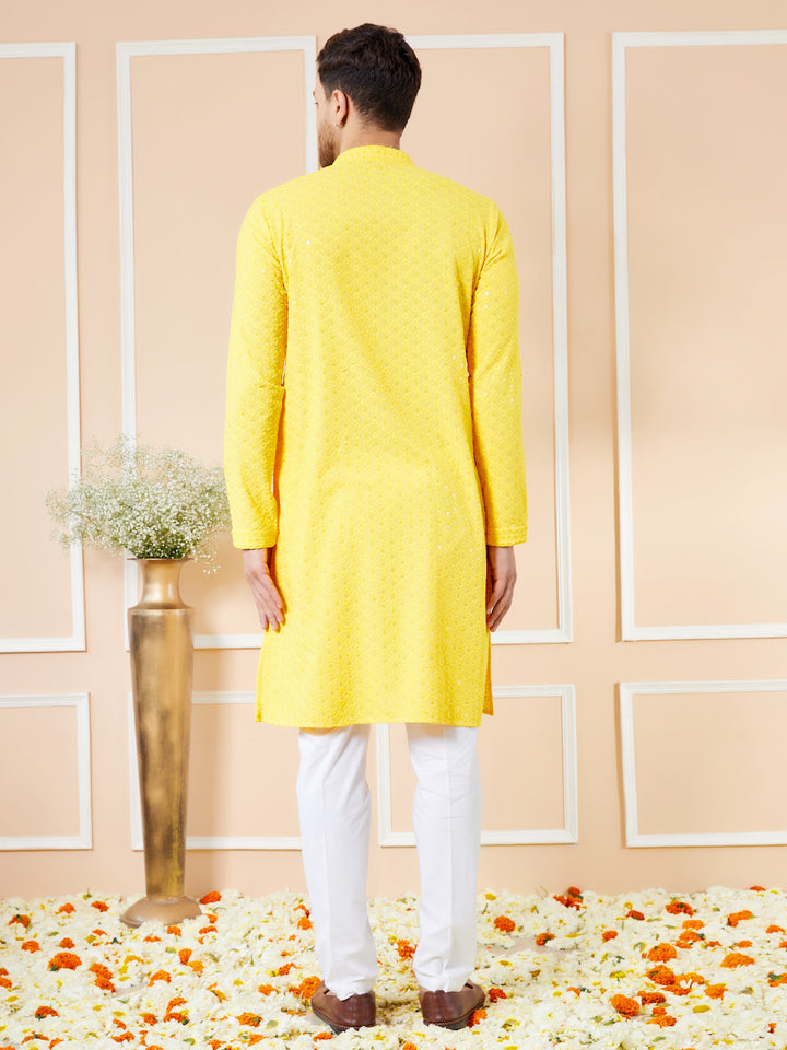 Yellow Sequins Embroidered Rayon Kurta